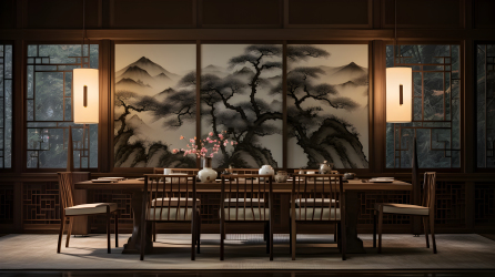 现代木质餐厅中式画作摄影图片