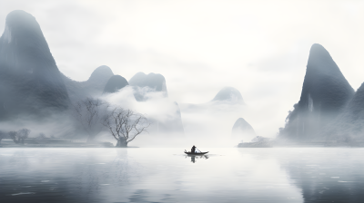 雾湖石山漂浮之间的男子船上场景摄影图