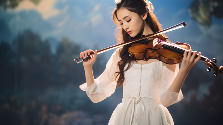 白衣女子拉着小提琴的舞台表演版权图片下载