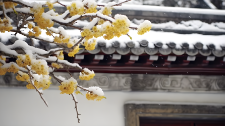 古建筑下的黄梅花雪景摄影图