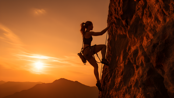 黎明中攀登的女子摄影图