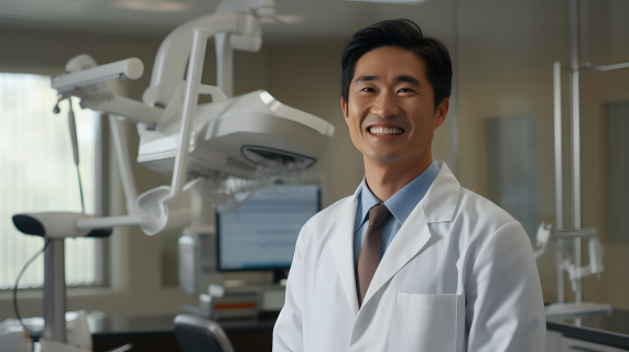 亚洲风格的牙医微笑站在设备前
