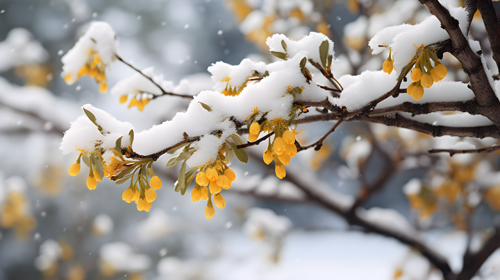 雪覆盖的枝条上的黄花摄影版权图片下载