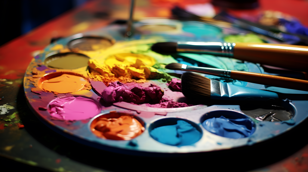 美术生彩色颜料调色盘摄影图