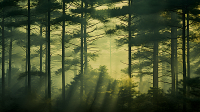 北方中国的翠绿松林下阳光照耀的有机抽象摄影图