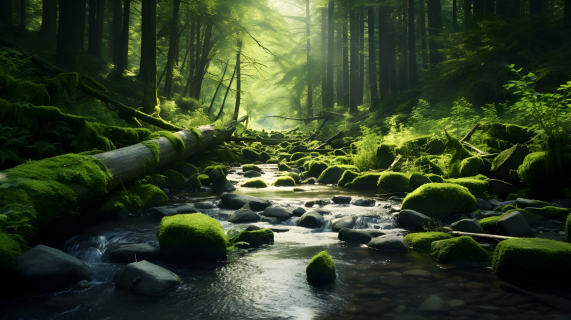 阳光透过蕨类植物照耀的森林摄影图片