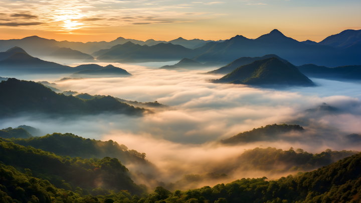 雾中日出的山谷与山峰摄影图版权图片下载