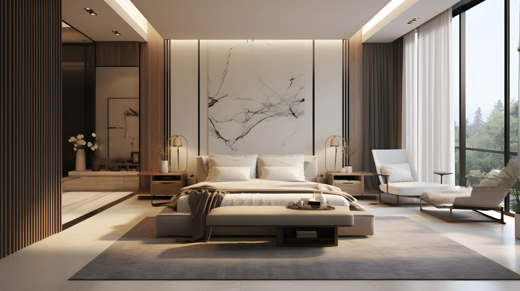 北京东村风格的灰色和米色豪华卧室摄影版权图片下载