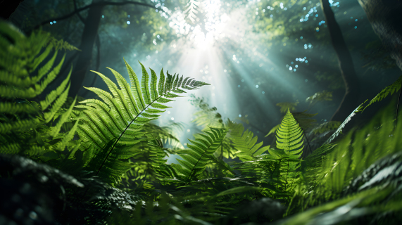 热带丛林中阳光透过蕨叶照耀的摄影图片