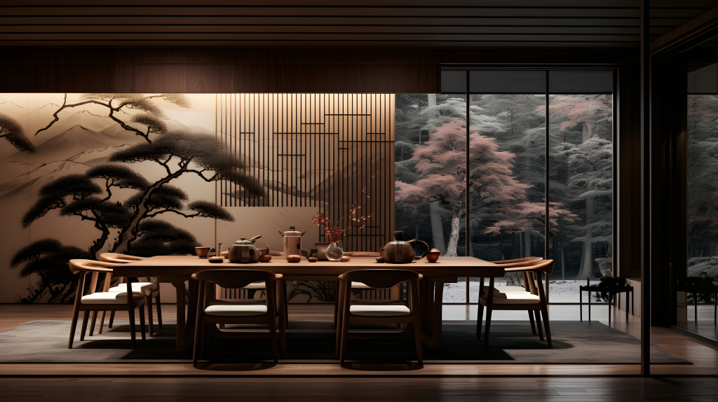 现代木质餐厅与中国画的摄影图片