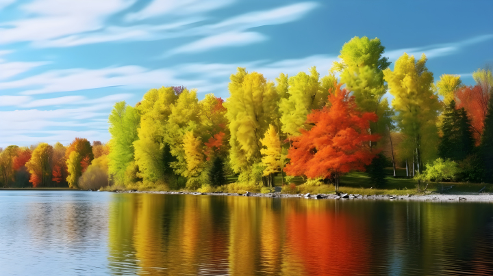秋天的红黄枫叶与碧蓝湖泊摄影版权图片下载