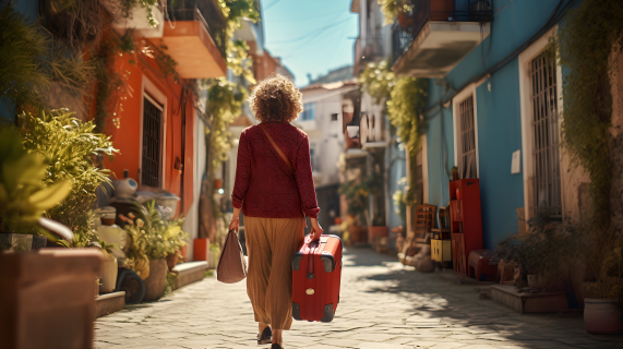 城乡融合风格下行走于城市小巷的女子和她的行李箱高清图