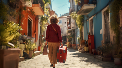 城乡融合风格下行走于城市小巷的女子和她的行李箱高清图