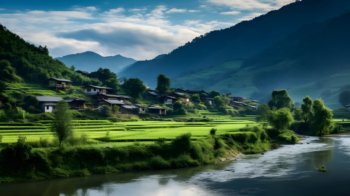中国乡村风光河边房屋摄影图版权图片下载