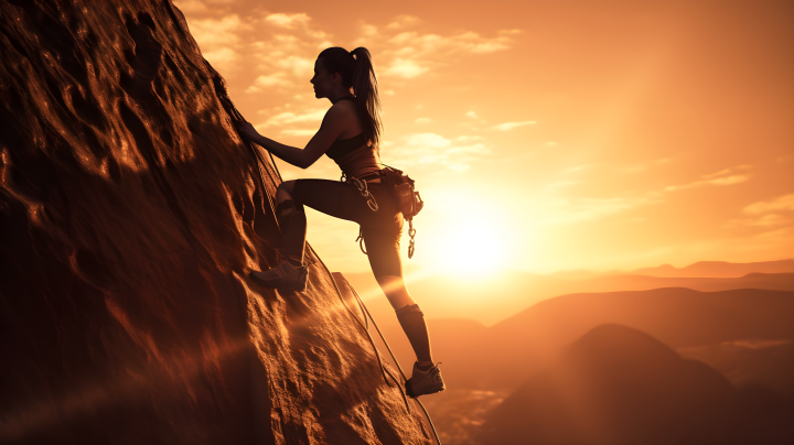 黎明中女子攀登的摄影图版权图片下载