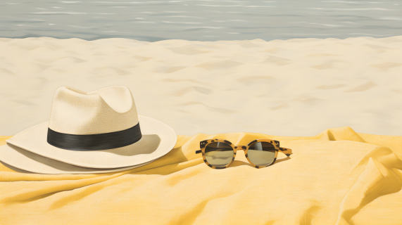 沙滩上的太阳伞墨镜和遮阳帽摄影图片