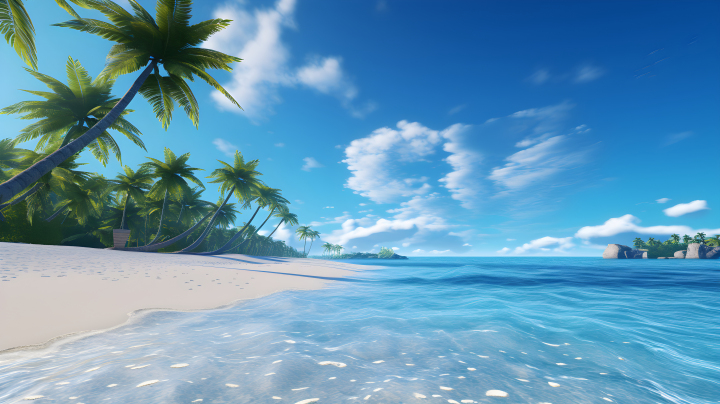 阳光海滩上的棕榈树和蔚蓝天空摄影版权图片下载