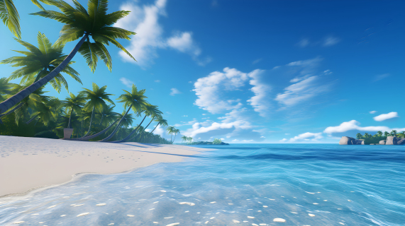 阳光海滩上的棕榈树和蔚蓝天空摄影图片