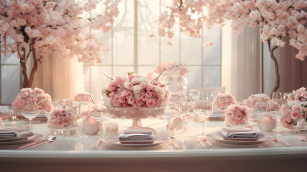 粉色鲜花餐桌摄影图片