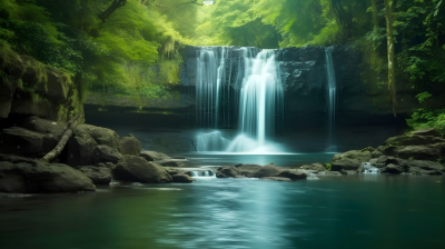 翠绿森林下的自然瀑布，明亮背景和自然风光摄影图片