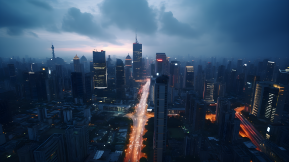 黄昏时的中国城市航拍街景摄影图片