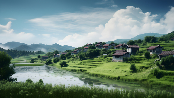 中国农村风格河边绿色景观摄影版权图片下载