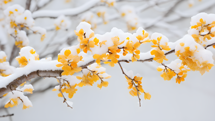 雪覆枝头唯美黄花摄影图版权图片下载