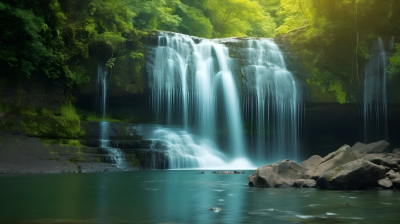 翠绿森林中的自然瀑布摄影图片