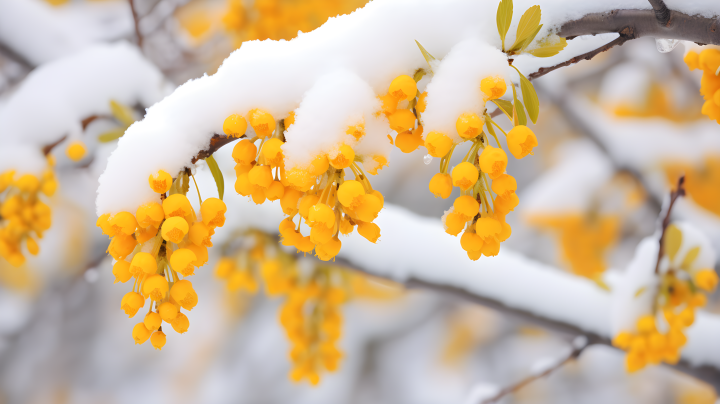 覆満雪的黄花树枝摄影版权图片下载