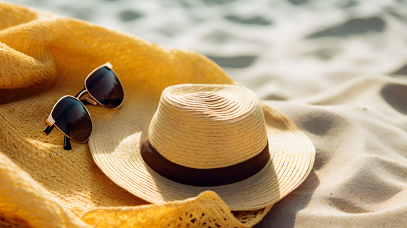 沙滩上的帽子、太阳镜和墨镜摄影图片