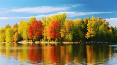 秋天湖中心小岛茂密树林摄影图