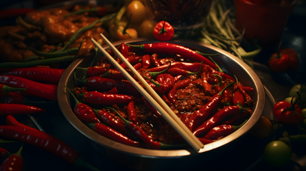 红金色辣椒蔬菜锅用筷子夹取的摄影图片