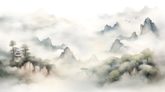 云雾缭绕的山水画高清图