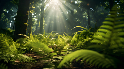 雾气中的热带丛林阳光照耀下的蕨类植物摄影图