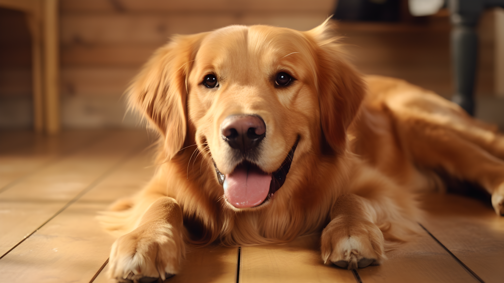 金毛犬趴着大眼睛微笑的摄影图片