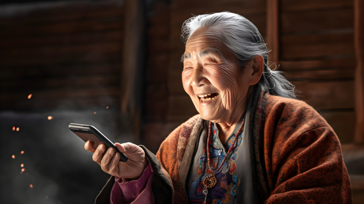 香港80岁以上的女性使用智能手机摄影图版权图片下载
