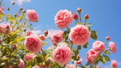 粉色玫瑰绽放蓝天下的摄影图片