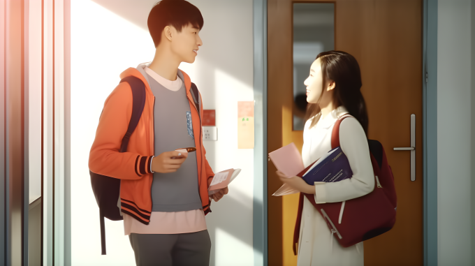 明亮背景下的两个亚洲学生在教室门口聊天摄影图片