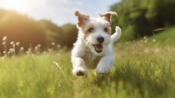 活力四溅的小狗奔跑在草地上的摄影图片