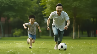 公园亲子足球游戏摄影图片