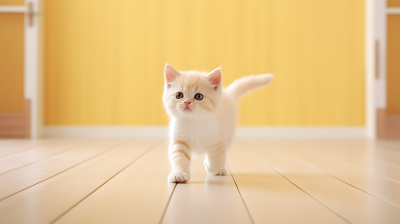 可爱小猫在木地板上走路摄影图片