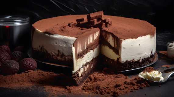 巧克力芝士蛋糕切割摄影图片