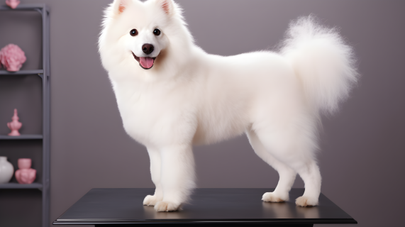 白色善堂犬站在桌子上的摄影图片