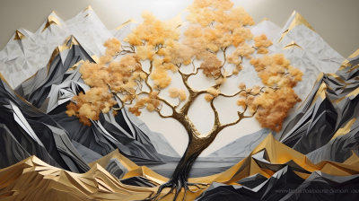 山脚下的金色树艺术画摄影图