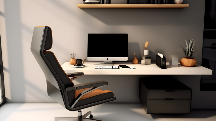 现代电脑桌和黑色椅子的中性色调摄影版权图片下载
