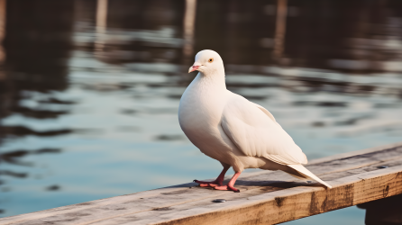 湖畔木凳上的白鸽摄影图