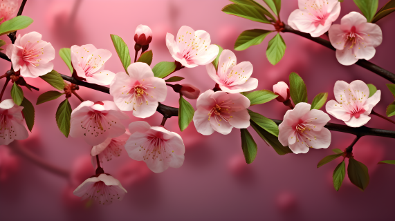 粉色樱花绿叶摄影图片