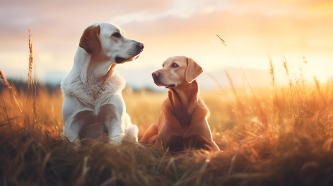 夕阳下的拉布拉多犬坐在草地上摄影图片