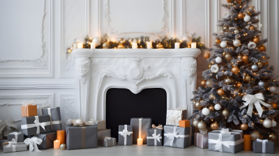 圣诞树和礼物在壁炉边的摄影图片