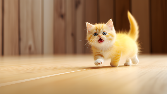 独特风格下奔跑的黄白小猫摄影图片